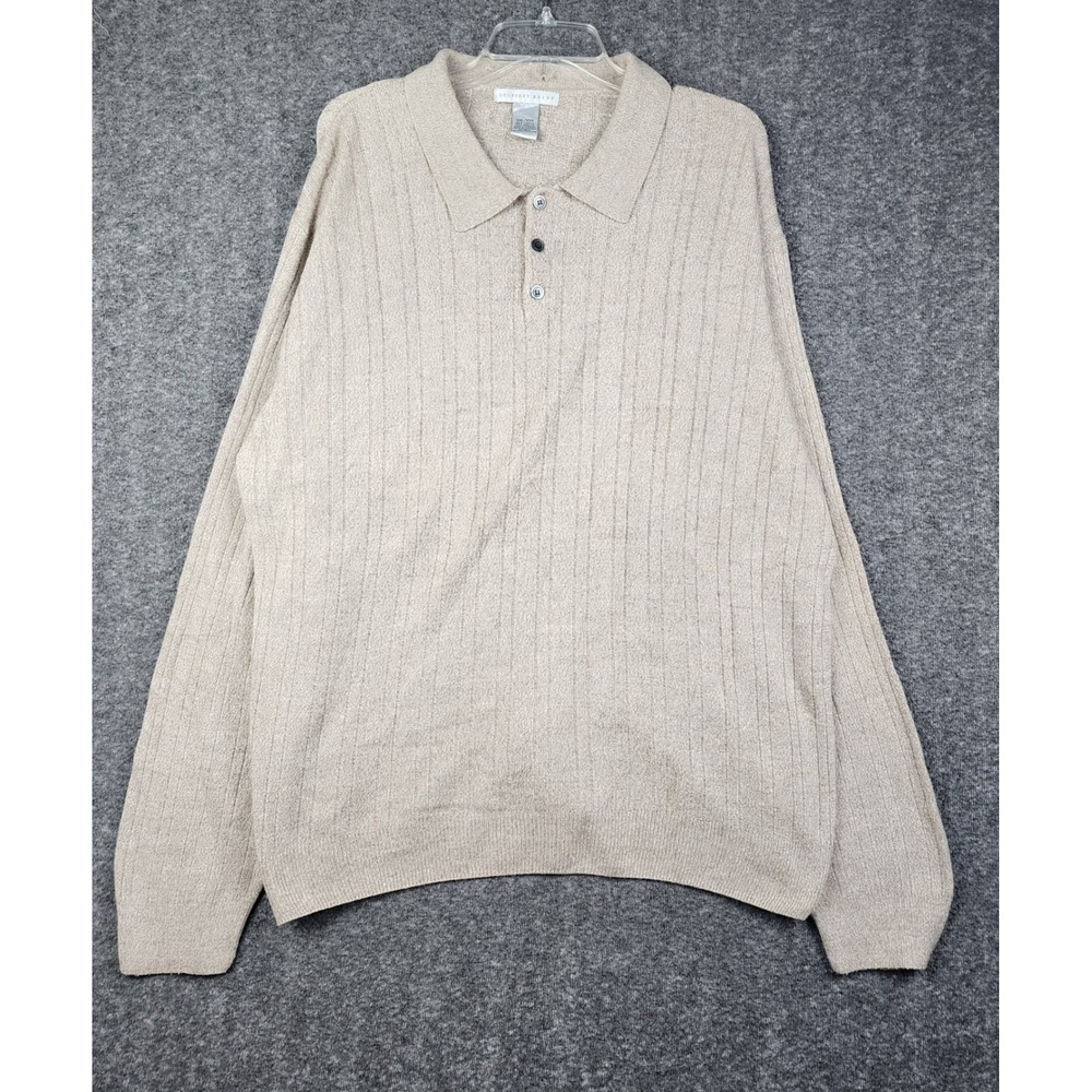 Geoffrey‎ Beene Polo Sweater Mens XXL Tan Ribbed Long Sleeve Button Collar